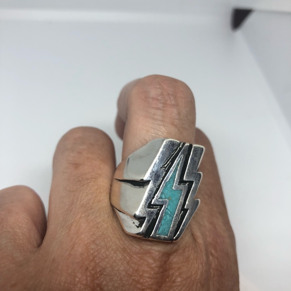Vintage Real Turquoise Inlay Lightning Bolt Ring - Picture 3 of 4